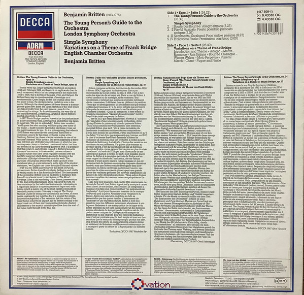 Cover zu Benjamin Britten, London Symphony Orchestra / English Chamber Orchestra - Young Person's Guide To The Orchestra / Variations On A Theme Of Frank Bridge | 1987 | Vinyl | Classical | Germany