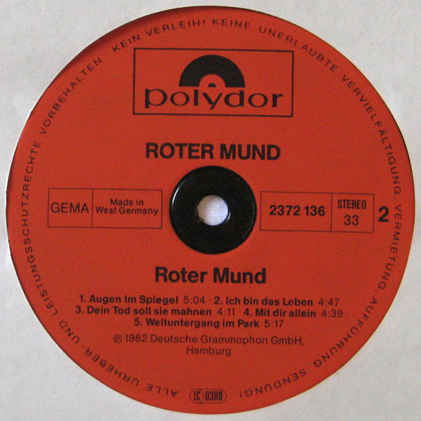 Cover zu Roter Mund - Roter Mund | 1982 | Vinyl | Electronic, Rock, Pop | Germany Schallplatten Ankauf