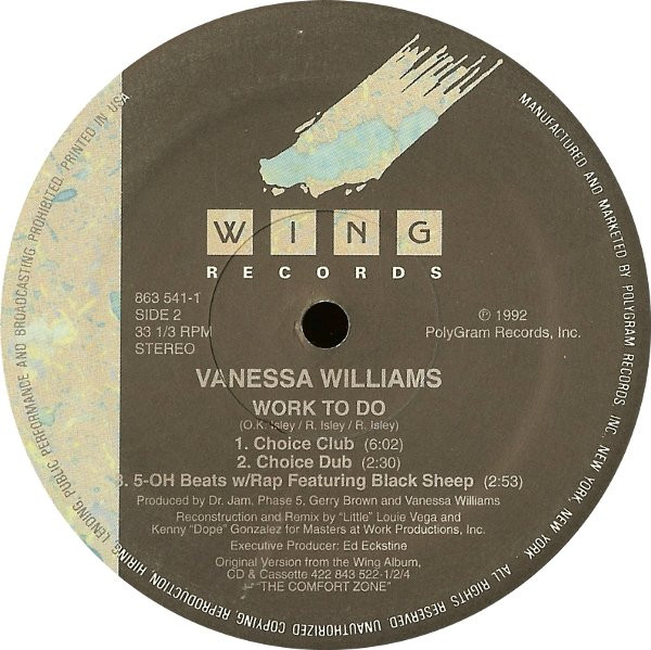 Cover zu Vanessa Williams Featuring Black Sheep - Work To Do | 1992 | Vinyl | Electronic, Hip Hop, Funk / Soul | US Schallplatten Ankauf