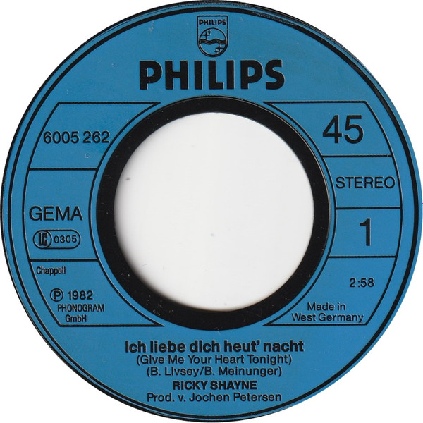 Cover zu Ricky Shayne - Ich Liebe Dich Heut' Nacht | 1982 | Vinyl | Rock, Pop | Germany