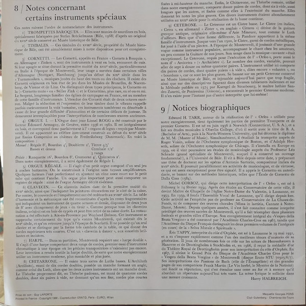 Cover zu Claudio Monteverdi - Eric Tappy, Ensemble Vocal De Lausanne Et Ensemble Instrumental De Lausanne Dir. Michel Corboz - Orfeo | 1968 | Vinyl | Classical | France