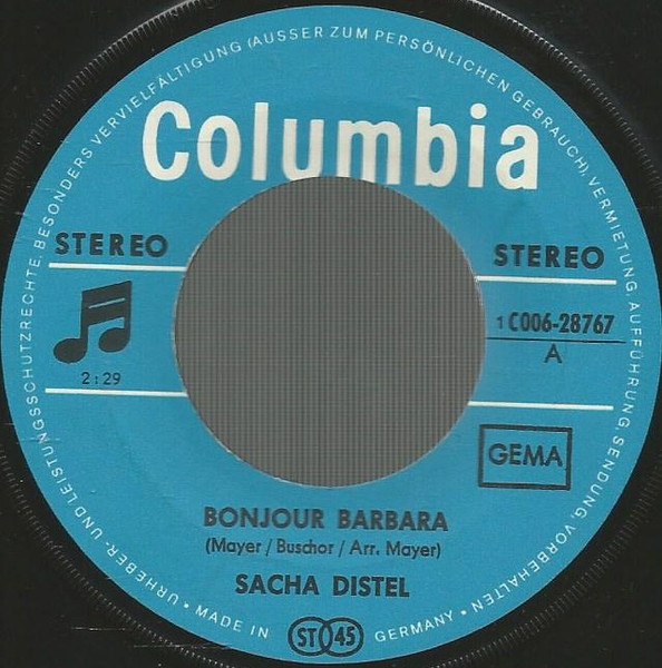 Cover zu Sacha Distel - Bonjour Barbara / Ein Ring Liegt Am Grunde Der Seine | 1970 | Vinyl | Pop | Germany Schallplatten Ankauf