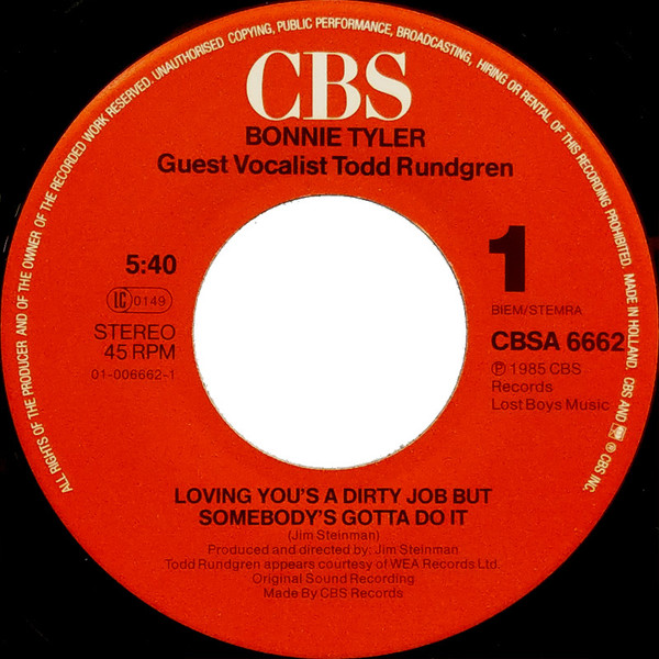 Cover zu Bonnie Tyler Duet With Todd Rundgren - Loving You's A Dirty Job But Somebody's Gotta Do It | 1985 | Vinyl | Rock | Europe