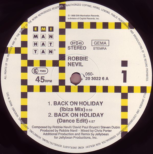 Cover zu Robbie Nevil - Back On Holiday | 1988 | Vinyl | Electronic, Funk / Soul, Pop | Europe