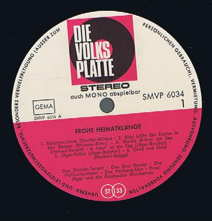 Cover zu Das Hellberg-Duo, Das Dentler-Terzett, Das Lucas-Sextett - Frohe Heimatklänge | Vinyl | Folk, World, & Country | Germany Schallplatten Ankauf
