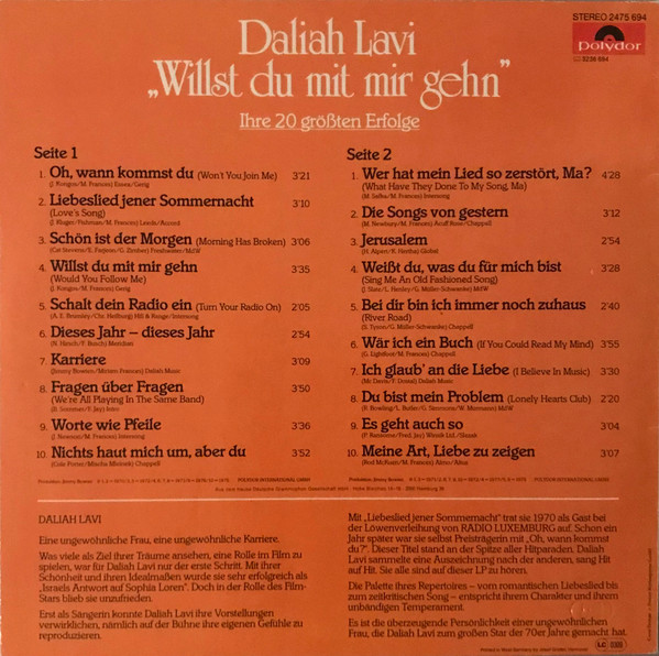 Cover zu Daliah Lavi - Willst Du Mit Mir Gehn (Ihre 20 Größten Erfolge) | Vinyl | Pop | Germany