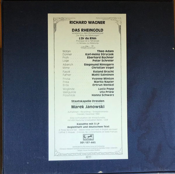 Cover zu Richard Wagner - Theo Adam, Siegmund Nimsgern, Peter Schreier, Roland Bracht, Matti Salminen (2), Christian Vogel (3), Eberhard Büchner, Karl-Heinz Stryczek, Yvonne Minton, Lucia Popp, Uta Priew, Hanna Schwarz, Marita Napier, Ortrun Wenkel, Staatskapelle - Das Rheingold | 1980 | Vinyl | Classical | Germany
