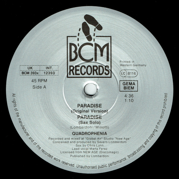Cover zu Quadrophenia - Paradise | 1989 | Vinyl | Electronic | UK & Europe Schallplatten Ankauf