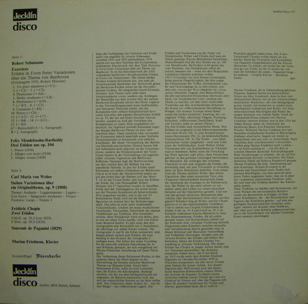 Cover zu Robert Schumann, Felix Mendelssohn-Bartholdy, Carl Maria von Weber, Frédéric Chopin, Marian Friedman - Romantische Etüden Und Variationen Für Klavier | Vinyl | Classical | Switzerland Schallplatten Ankauf