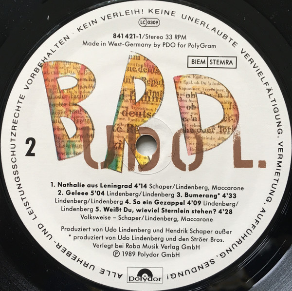 Cover zu Udo Lindenberg - Bunte Republik Deutschland | 1989 | Vinyl | Rock, Pop | Europe Schallplatten Ankauf