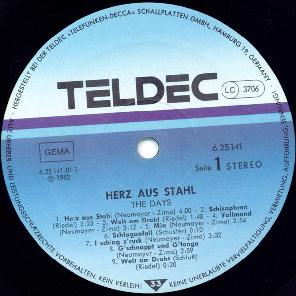 Cover zu The Days - Herz Aus Stahl | 1982 | Vinyl | Electronic, Rock | Germany