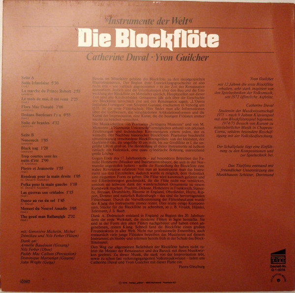 Cover zu Catherine Duval, Yvon Guilcher - Die Blockflöte | 1978 | Vinyl | Folk, World, & Country | Germany