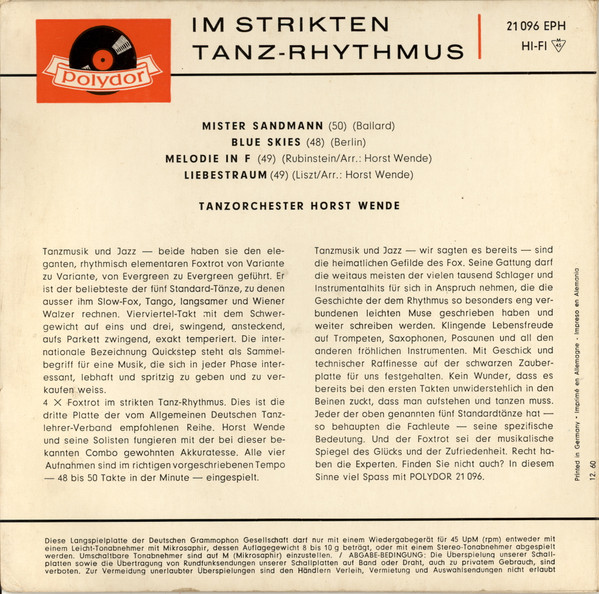 Cover zu Tanzorchester Horst Wende - Im Strikten Tanz-Rhythmus - Foxtrot | 1960 | Vinyl | Pop | Germany Schallplatten Ankauf