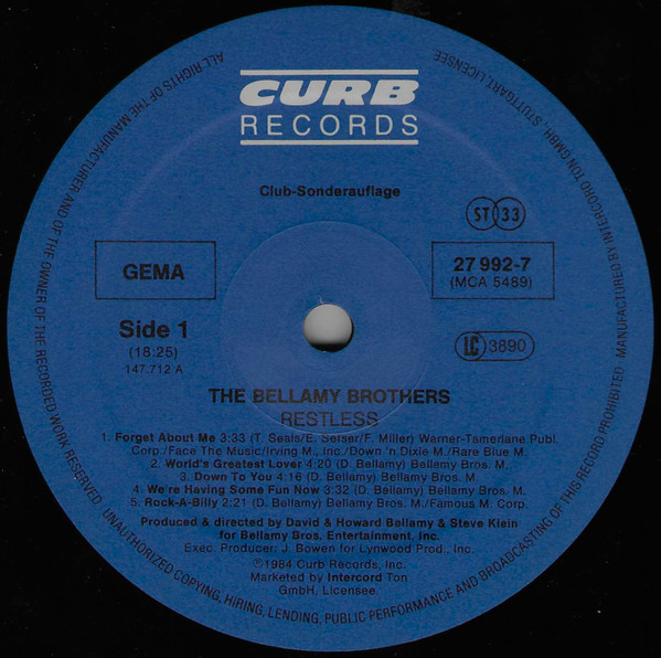 Cover zu Bellamy Brothers - Restless | 1984 | Vinyl | Rock, Folk, World, & Country | Germany