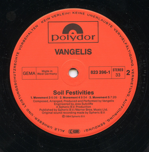 Cover zu Vangelis - Soil Festivities | 1984 | Vinyl | Electronic | Germany Schallplatten Ankauf