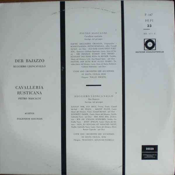 Cover zu Ruggiero Leoncavallo / Pietro Mascagni - Mario del Monaco, Cornell MacNeil, Renato Capecchi, Anna Di Stasio, Ana Raquel Satre, Giulietta Simionato, Gabriella Tucci, Coro dell'Accademia Nazio Schallplatten Ankauf