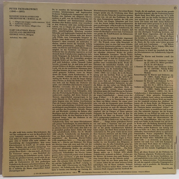 Cover zu Pyotr Ilyich Tchaikovsky, Gary Graffman / George Szell, The Cleveland Orchestra - Konzert Für Klavier Und Orchester Nr. 1 In B-moll Op. 23 | 1976 | Vinyl | Classical | Germany