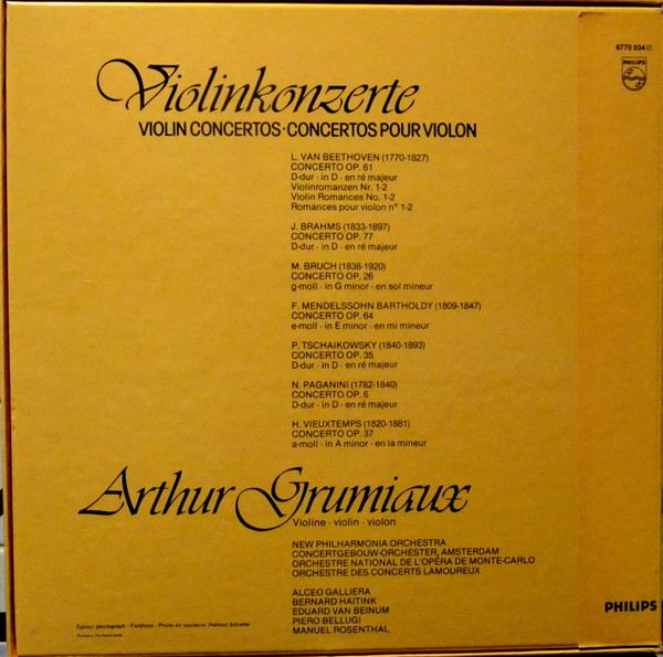 Cover zu Arthur Grumiaux, Ludwig van Beethoven, Johannes Brahms, Max Bruch, Felix Mendelssohn-Bartholdy, Pyotr Ilyich Tchaikovsky, Niccolò Paganini, Henri Vieuxtemps - Violinkonzerte • Violin Concertos • Concertos Pour Violon | Vinyl | Classical | Netherlands