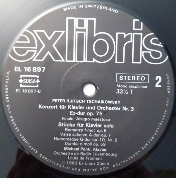 Cover zu Pyotr Ilyich Tchaikovsky, Michael Ponti, Orchestra Of Radio Luxembourg, Louis De Froment - Klavierkonzert Nr.3 Es-Dur / Klavierstücke | 1982 | Vinyl | Classical | Switzerland