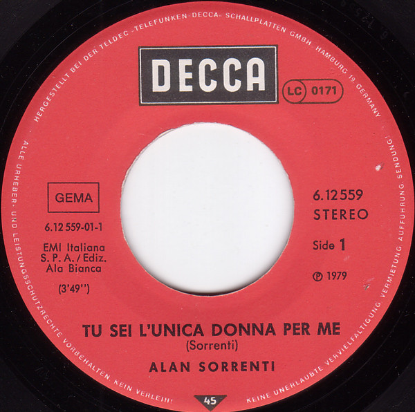Cover zu Alan Sorrenti - Tu Sei L'unica Donna Per Me | 1979 | Vinyl | Funk / Soul, Pop | Germany Schallplatten Ankauf