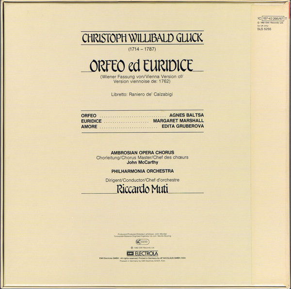 Cover zu Christoph Willibald Gluck — Agnes Baltsa, Margaret Marshall, Edita Gruberova, The Ambrosian Opera Chorus, Philharmonia Orchestra / Riccardo Muti - Orfeo Ed Euridice (Wiener Fassung 1762)