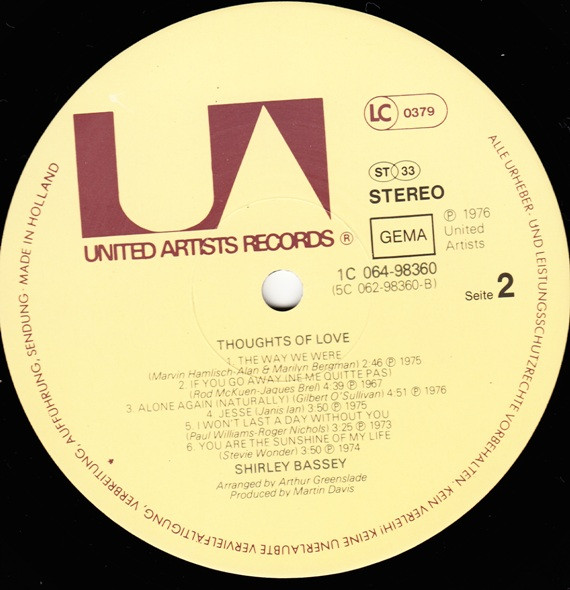 Cover zu Shirley Bassey - Thoughts Of Love | Vinyl | Jazz, Pop | Germany Schallplatten Ankauf