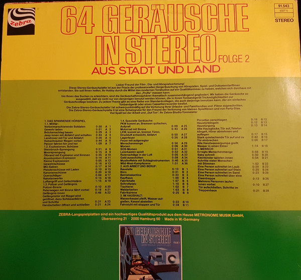 Cover zu Zebra Studios - 64 Geräusche in Stereo Folge 2 aus Stadt und Land | 1977 | Vinyl | Non-Music | Germany Schallplatten Ankauf