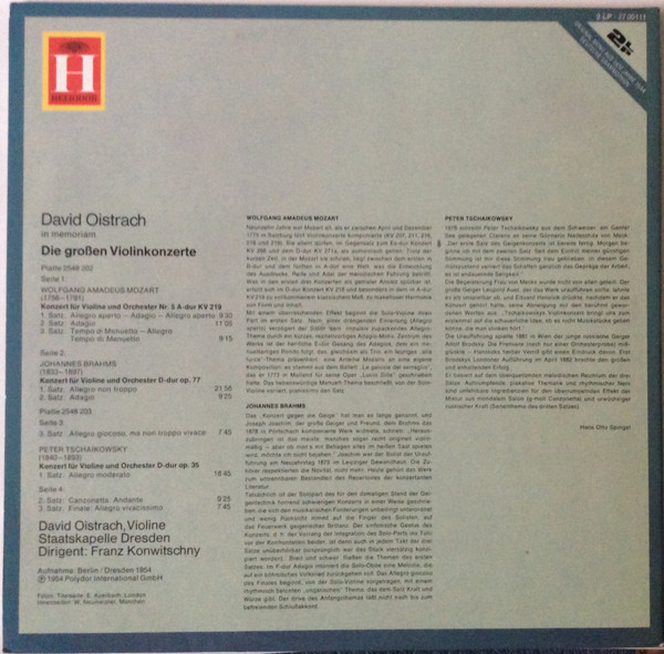 Cover zu David Oistrach - In Memoriam Die Grossen Violinkonzerte | Vinyl | Classical | Germany