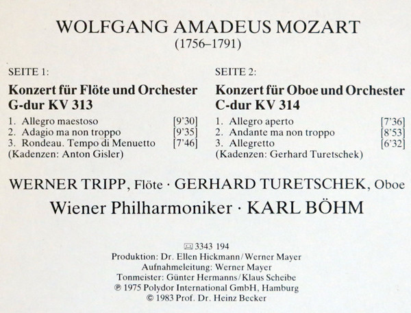 Cover zu Wolfgang Amadeus Mozart - Karl Böhm / Wiener Philharmoniker / Gerhard Turetschek / Werner Tripp - Flötenkonzert KV 313 / Oboenkonzert KV 314 | Vinyl | Classical | Germany