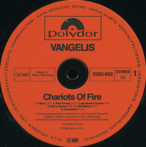 Cover zu Vangelis - Chariots Of Fire | 1981 | Vinyl | Electronic, Stage & Screen | Germany