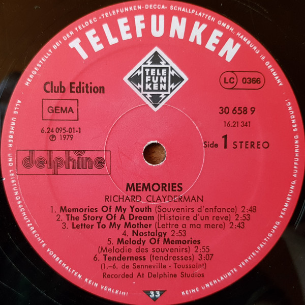 Cover zu Richard Clayderman - Memories - Erinnerungen | 1979 | Vinyl | Pop | Germany