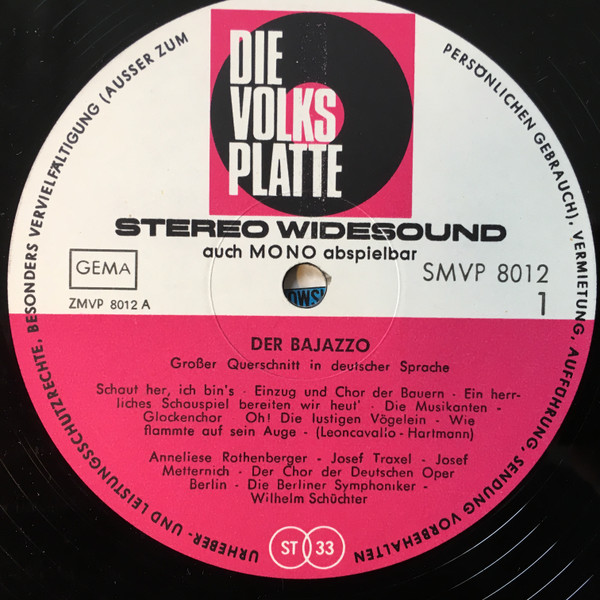 Cover zu Ruggiero Leoncavallo - Anneliese Rothenberger, Josef Metternich, Hermann Prey, Josef Traxel - Der Bajazzo (Großer Querschnitt In Deutscher Sprache) | Vinyl | Classical | Germany Schallplatten Ankauf