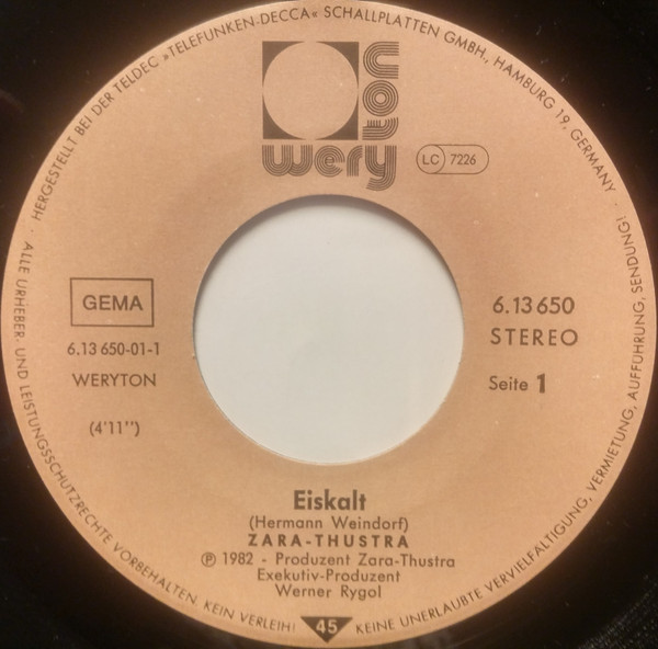 Cover zu Zara-Thustra - Eiskalt | 1982 | Vinyl, 45 RPM, Promo, 7