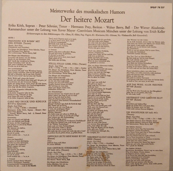 Cover zu Wolfgang Amadeus Mozart, Erika Köth, Peter Schreier, Hermann Prey, Walter Berry, Convivium Musicum Of Munich, Erich Keller (2), Wiener Akademie Kammerchor, Xaver Mayer - Der Heitere Mozart - Meisterwerke Des Musikalischen Humors | Vinyl | Classical | Germany