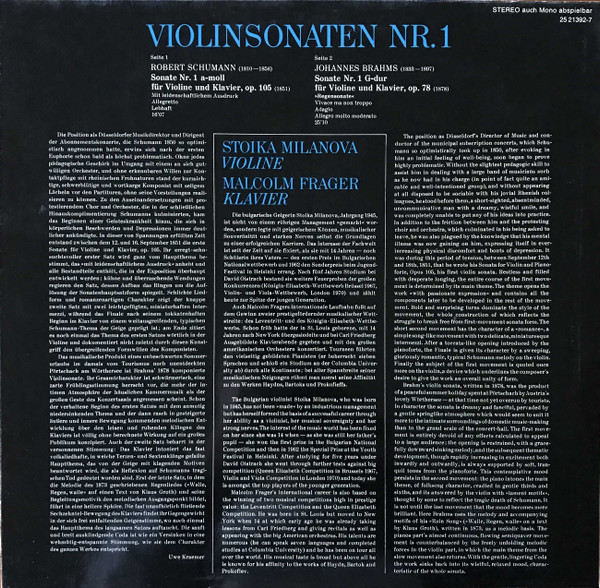 Cover zu Robert Schumann, Johannes Brahms, Stoika Milanova, Malcolm Frager - Violinsonaten Nr. 1 | Vinyl | Classical | Germany Schallplatten Ankauf