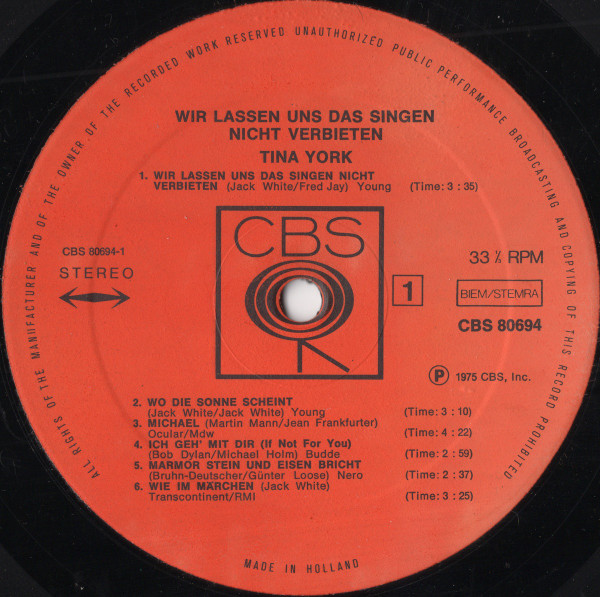 Cover zu Tina York - Wir Lassen Uns Das Singen Nicht Verbieten | 1975 | Vinyl | Pop | Netherlands Schallplatten Ankauf