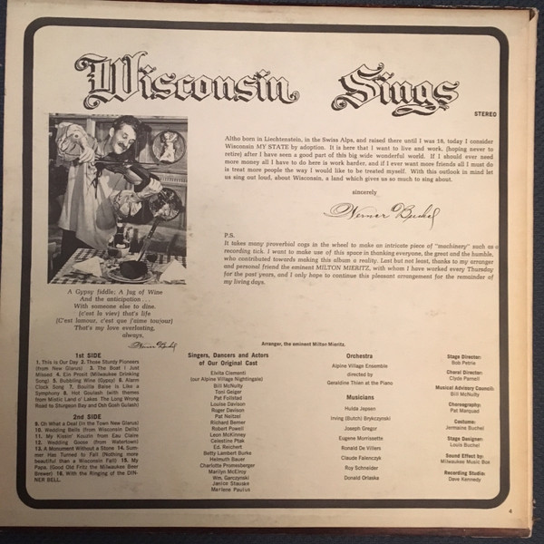 Cover zu Werner Buchel - Wisconsin Sings | 1968 | Vinyl | Stage & Screen | US Schallplatten Ankauf