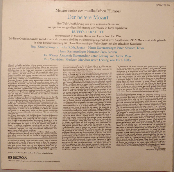 Cover zu Wolfgang Amadeus Mozart, Erika Köth, Peter Schreier, Hermann Prey, Walter Berry, Convivium Musicum Of Munich, Erich Keller (2), Wiener Akademie Kammerchor, Xaver Mayer - Der Heitere Mozart - Meisterwerke Des Musikalischen Humors | Vinyl | Classical | Germany Schallplatten Ankauf