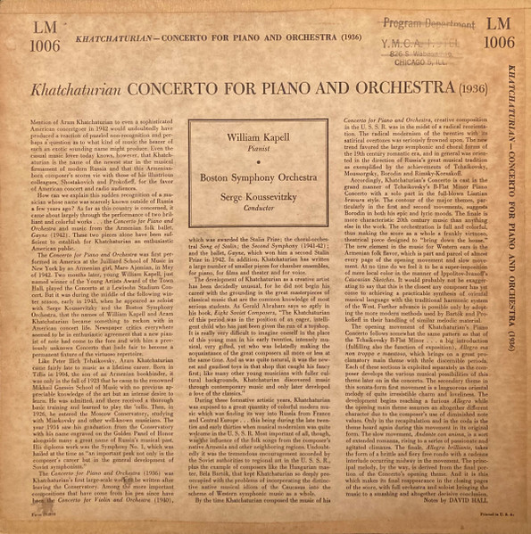 Cover zu Aram Khatchaturian - William Kapell, Boston Symphony Orchestra, Serge Koussevitzky - Concerto For Piano And Orchestra | 1950 | Vinyl | Classical | US Schallplatten Ankauf