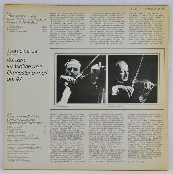 Cover zu Yehudi Menuhin, Georg Kulenkampff, Jean Sibelius, Sir Adrian Boult, Wilhelm Furtwängler - Yehudi Menuhin Und Georg Kulenkampff Spielen Das Konzert Für Violine Und Orchester D-moll Op.47 (Historische Aufnahmen) | 1983 | Vinyl | Classical | German Democratic Republic (GDR) Schallplatten Ankauf