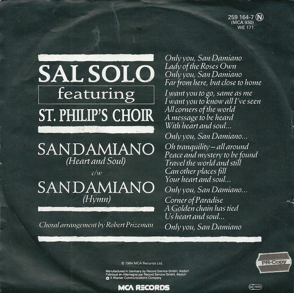 Cover zu Sal Solo - San Damiano (Heart And Soul) | 1984 | Vinyl | Electronic | Netherlands Schallplatten Ankauf