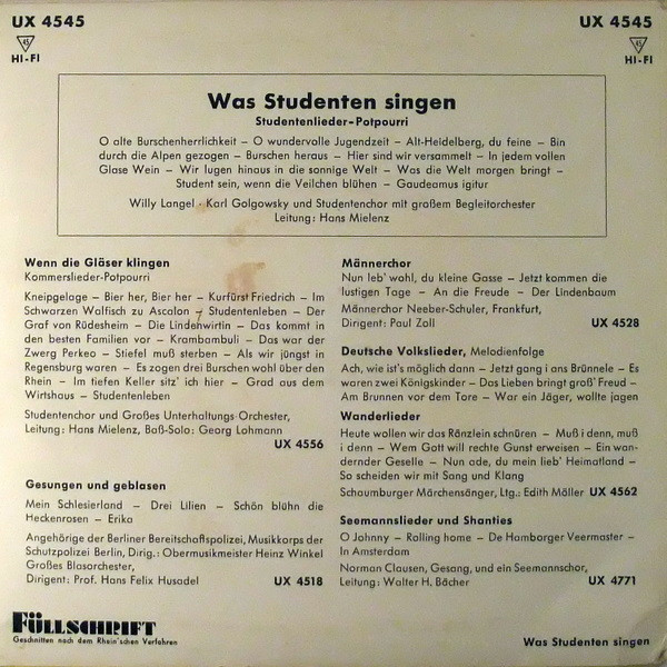 Cover zu Willy Langel · Karl Golgowsky Und Chor Hans Mielenz Mit Orchester Hans Mielenz, Hans Mielenz - Was Studenten Singen | Vinyl | Folk, World, & Country | Germany Schallplatten Ankauf