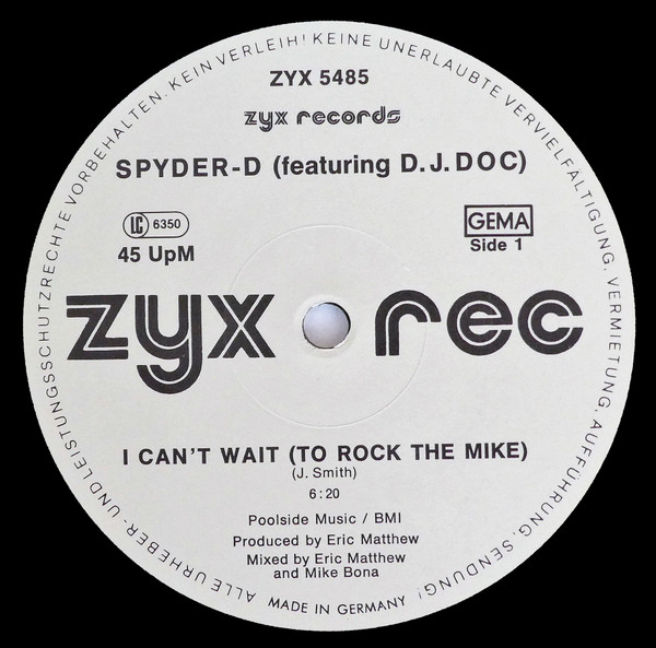 Cover zu Spyder-D Featuring DJ Doc - I Can't Wait (To Rock The Mike) | 1986 | Vinyl | Electronic, Hip Hop | Germany Schallplatten Ankauf