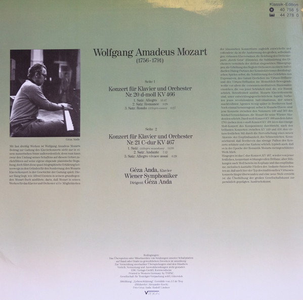 Cover zu Wolfgang Amadeus Mozart - Géza Anda ⋅ Wiener Symphoniker - Konzerte Für Klavier Und Orchester Nr. 20 & 21 | Vinyl | Classical | Germany