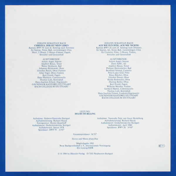 Cover zu Bach-Ensemble, Helmuth Rilling - Die Bach Kantate - BWV 95 Christus, Der Ist Mein Leben / BWV 26 Ach Wie Flüchtig, Ach Wie Nichtig | 1985 | Vinyl | Classical | Germany