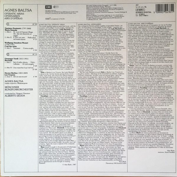 Cover zu Agnes Baltsa, Giuseppe Verdi, Gaetano Donizetti, Wolfgang Amadeus Mozart, Hector Berlioz, Münchner Rundfunkorchester, Alberto Zedda - Arias = Arien = Airs | 1987 | Vinyl | Classical | Europe