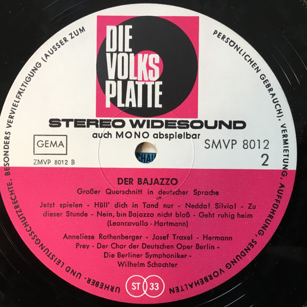 Cover zu Ruggiero Leoncavallo - Anneliese Rothenberger, Josef Metternich, Hermann Prey, Josef Traxel - Der Bajazzo (Großer Querschnitt In Deutscher Sprache) | Vinyl | Classical | Germany
