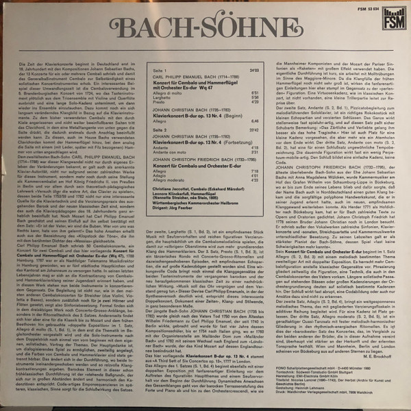 Cover zu Bach-Söhne, Christiane Jaccottet, Leonore Klinckerfuss, Württembergisches Kammerorchester, Jörg Faerber - Klavier- Und Cembalokonzerte | 1980 | Vinyl | Classical | Germany Schallplatten Ankauf
