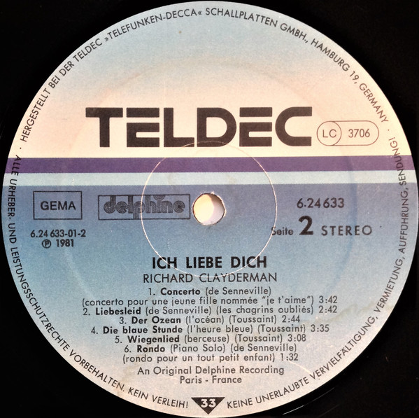 Cover zu Richard Clayderman - Ich Liebe Dich | 1981 | Vinyl | Pop | Germany