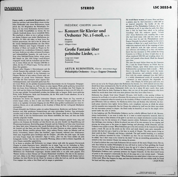Cover zu Arthur Rubinstein, The Philadelphia Orchestra, Eugene Ormandy : Frédéric Chopin - Concerto No. 2 In F Minor / Grand Fantasy On Polish Airs | 1969 | Vinyl, LP, Album, Stereo | Classical Schallplatten Ankauf